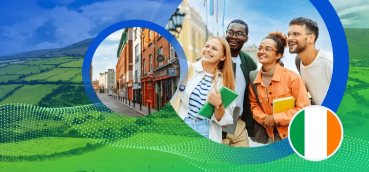 Diverse group of international students holding notebooks against a backdrop of green Irish hills, a city street, and the flag of Ireland.