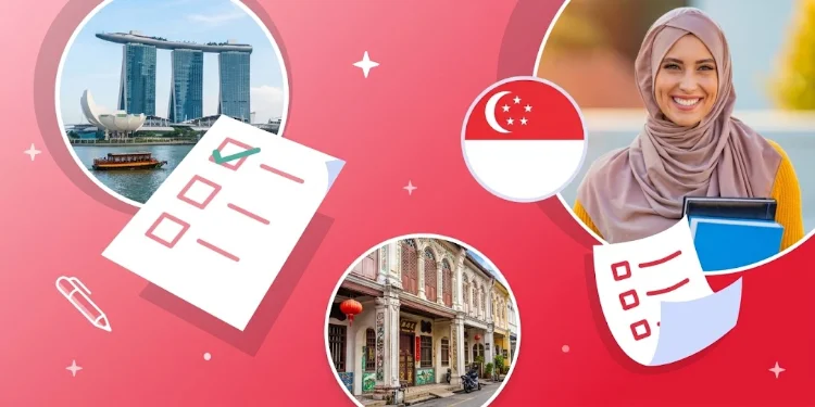 Graphic featuring a smiling female student wearing a hijab, the Singapore flag, checklist illustrations, Marina Bay Sands, and traditional shophouses