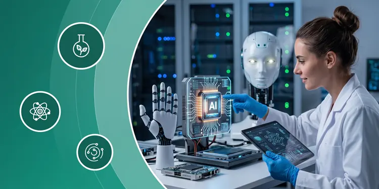 Female scientist in a lab coat interacting with a glowing AI microchip display alongside a humanoid robot in a high-tech laboratory.