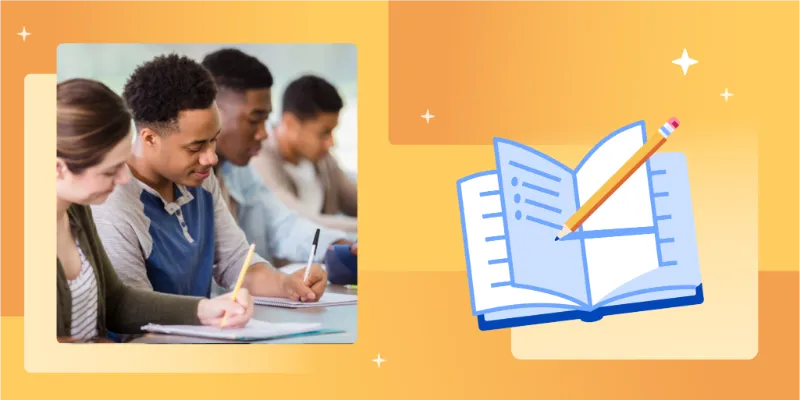 Students writing in notebooks in a classroom alongside an illustration of an open notebook and pencil.