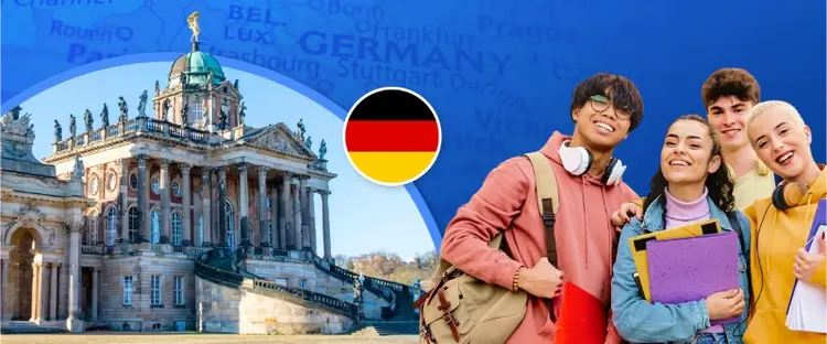 Diverse group of international students ready to study in Germany, representing degree programs at Arden University Berlin, set against a German map, flag, and historic palace.