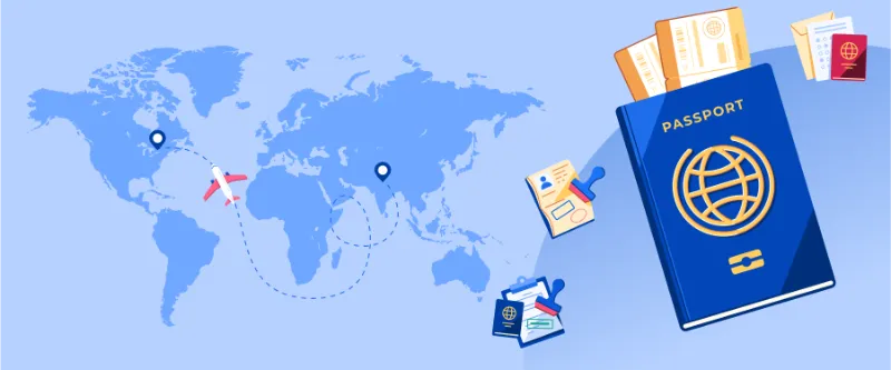International travel and student visa documents illustration showing passport, flight tickets, and global flight path.