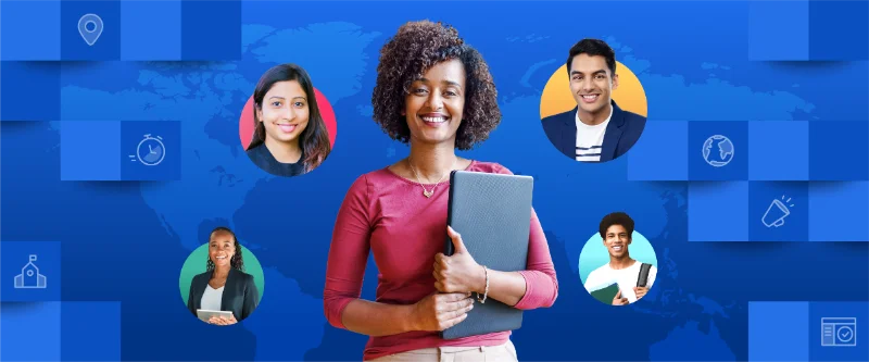 A smiling Black woman with curly hair stands centrally holding a closed laptop against a blue world map backdrop. Surrounding her are four circular profile portraits of diverse students and professionals, alongside subtle line-art icons representing location, time, education, and global connectivity.