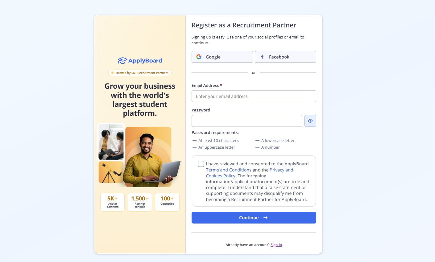 ApplyBoard registration screen for recruitment partners featuring a left-side promotional panel highlighting platform reach and a right-side form for email, password creation, and terms consent.