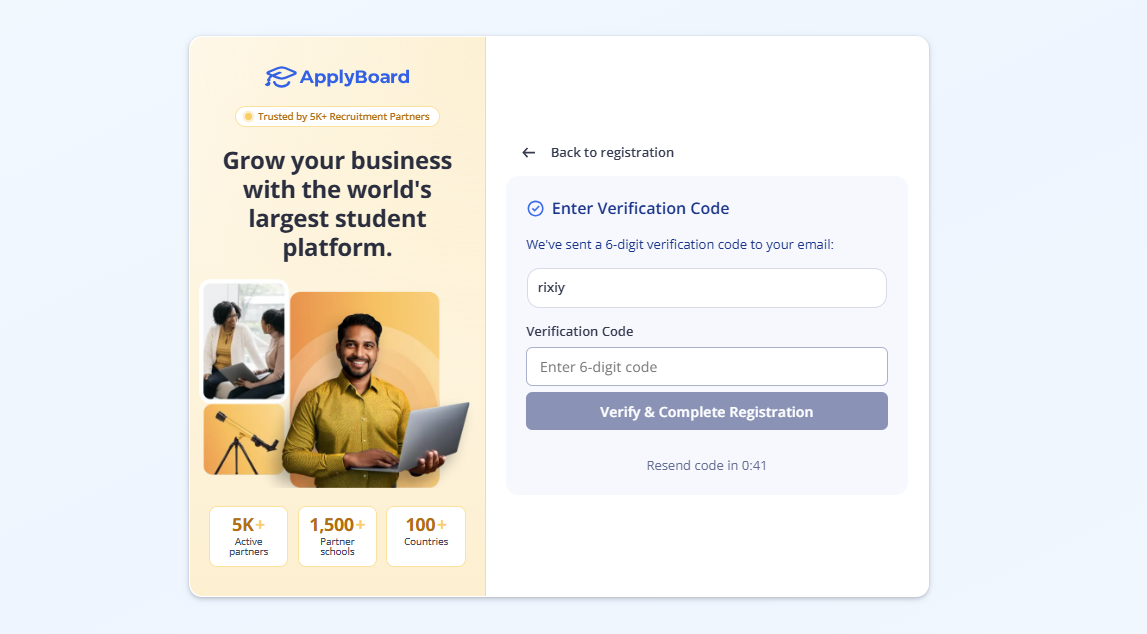 ApplyBoard email verification interface displaying a prompt to enter a 6-digit code sent to the user's email, alongside a left-side banner with partner statistics.