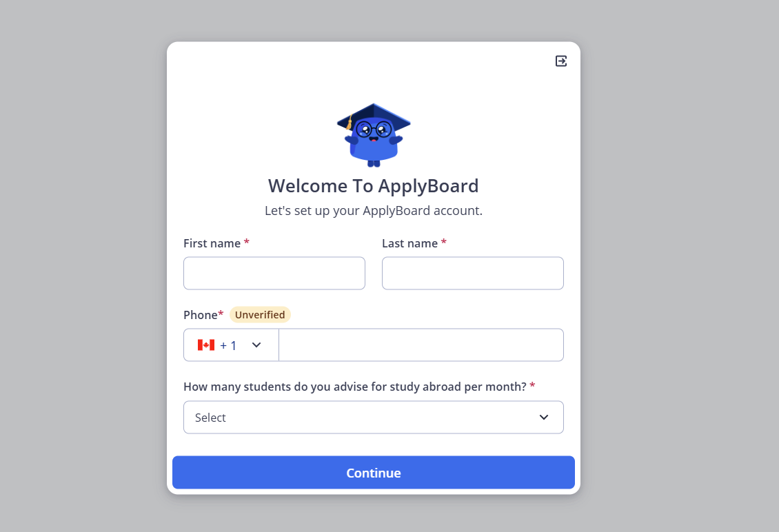 Welcome To ApplyBoard setup pop-up featuring a mascot wearing a graduation cap, with input fields for First name, Last name, Phone number, and student advisement volume.