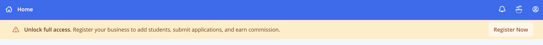 Blue top navigation bar for the ApplyBoard home screen featuring a prominent yellow banner prompting users to register their business to unlock full access.