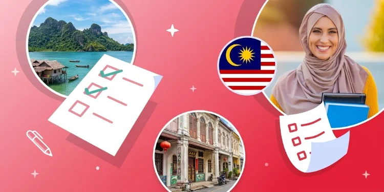 International student holding books with the Malaysian flag, landscape photos, and application checklist icons