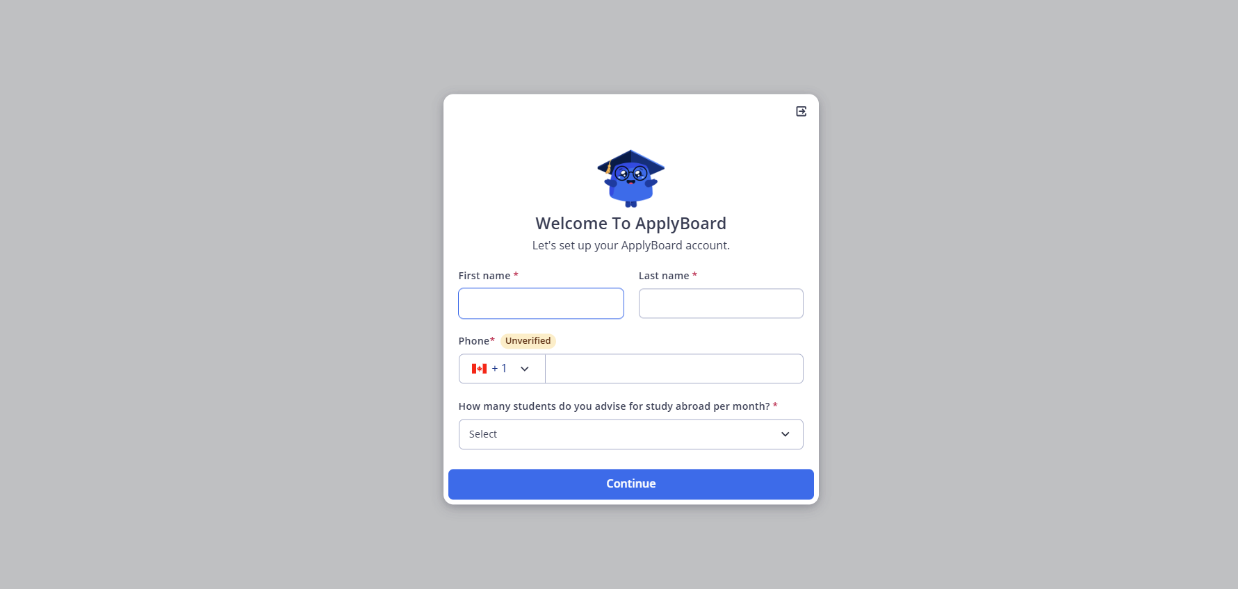 ApplyBoard profile setup screen showing first name and last name input fields