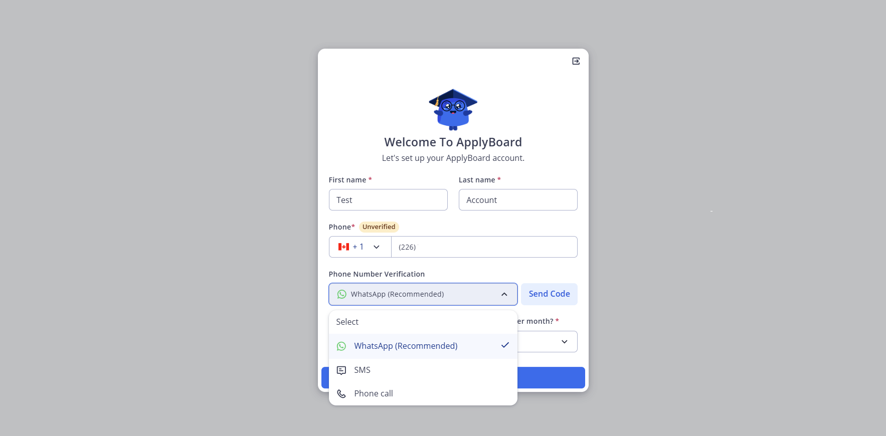 ApplyBoard profile setup screen showing phone number input field with country code selector.
