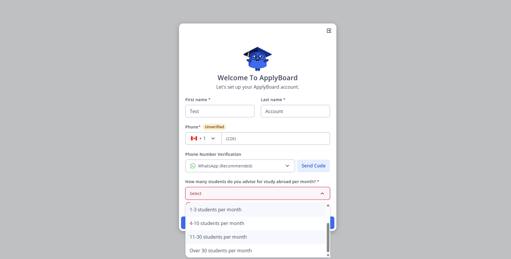 ApplyBoard profile setup screen showing a dropdown or input for monthly student volume,