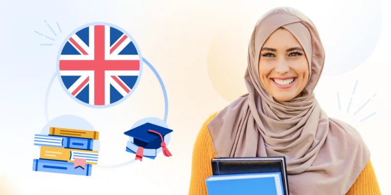 A smiling female student wearing a hijab holding notebooks next to UK study abroad graphics, including the Union Jack, books, and a graduation cap.