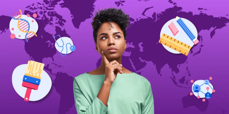 A thoughtful young Black woman resting her finger on her chin against a purple world map background, surrounded by icons representing science, medicine, art, education, and networking.