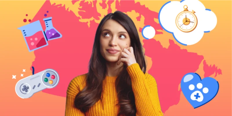 A thoughtful young woman surrounded by icons for science, gaming, time management, and healthcare, set against a map of Canada.