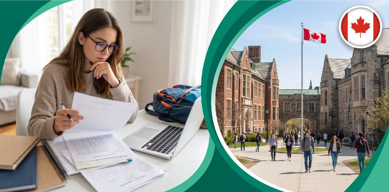American high school student reviewing transcripts for a Canadian university application.