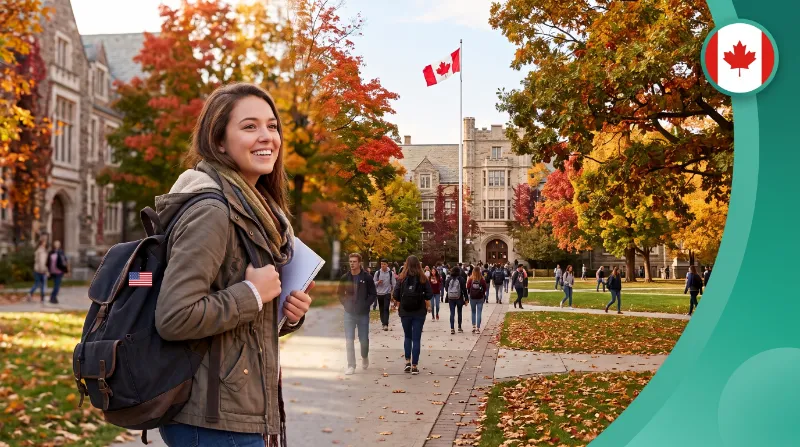 American student on a Canadian university campus in autumn.