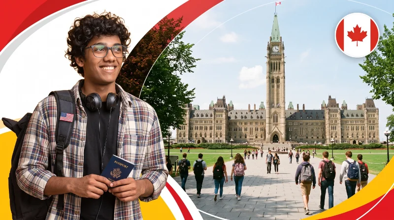 A young man wearing glasses, headphones, and a backpack with a US flag pin holds a US passport. Behind him, students walk along a pathway toward the Parliament Buildings in Ottawa, Canada, with a circular Canadian flag badge displayed in the top right corner.