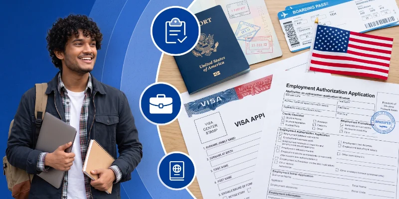 F-1 international student holding a laptop alongside US Employment Authorization and OPT application documents.