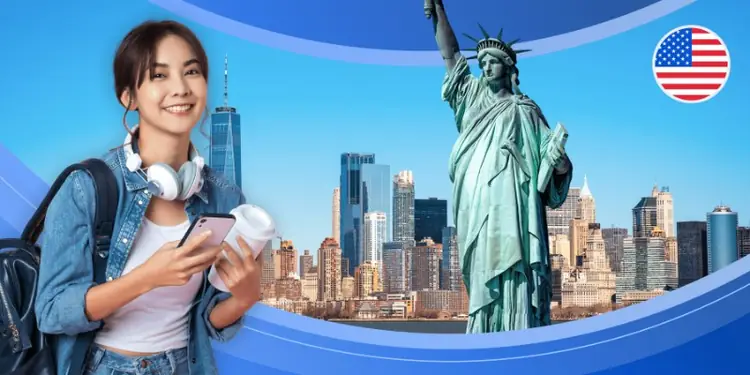 Smiling female student holding a phone and coffee cup, in front of the Statue of Liberty, NYC skyline, and a US flag icon