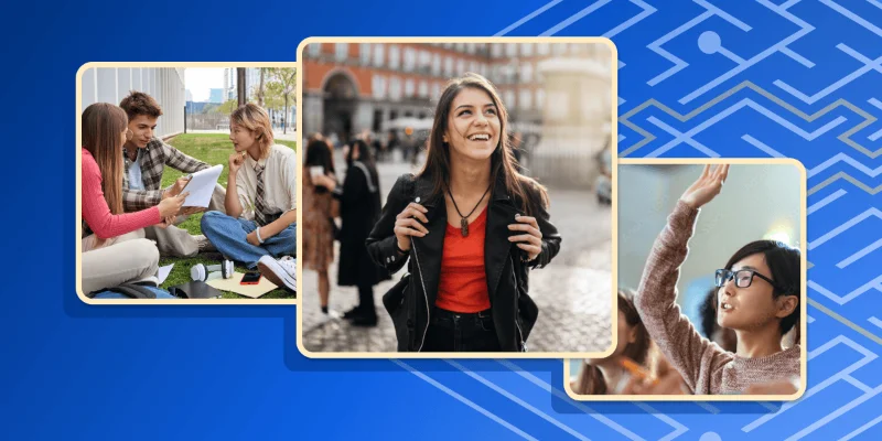 Collage of international university students on a blue patterned background, featuring students studying outdoors, a student walking through a city, and a student raising their hand in a classroom.