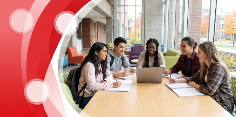 Diverse group of university students collaborating around a laptop and notebooks at a table in a bright campus lounge
