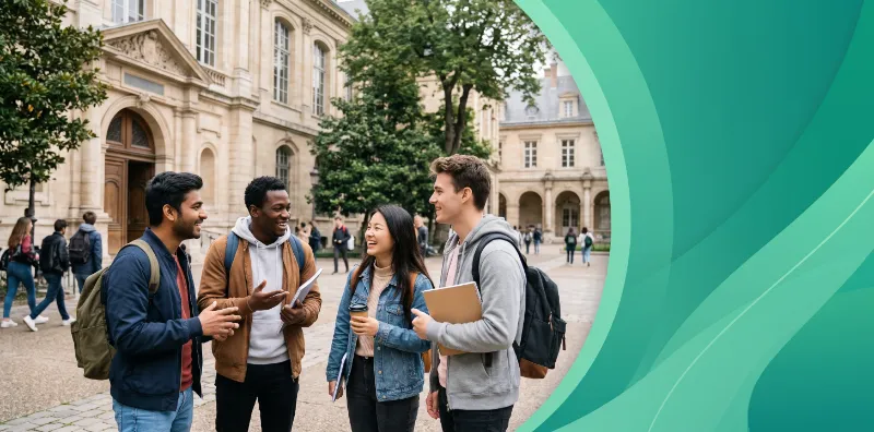 Diverse group of university students smiling and chatting outdoors on a campus courtyard with historic academic buildings in the background