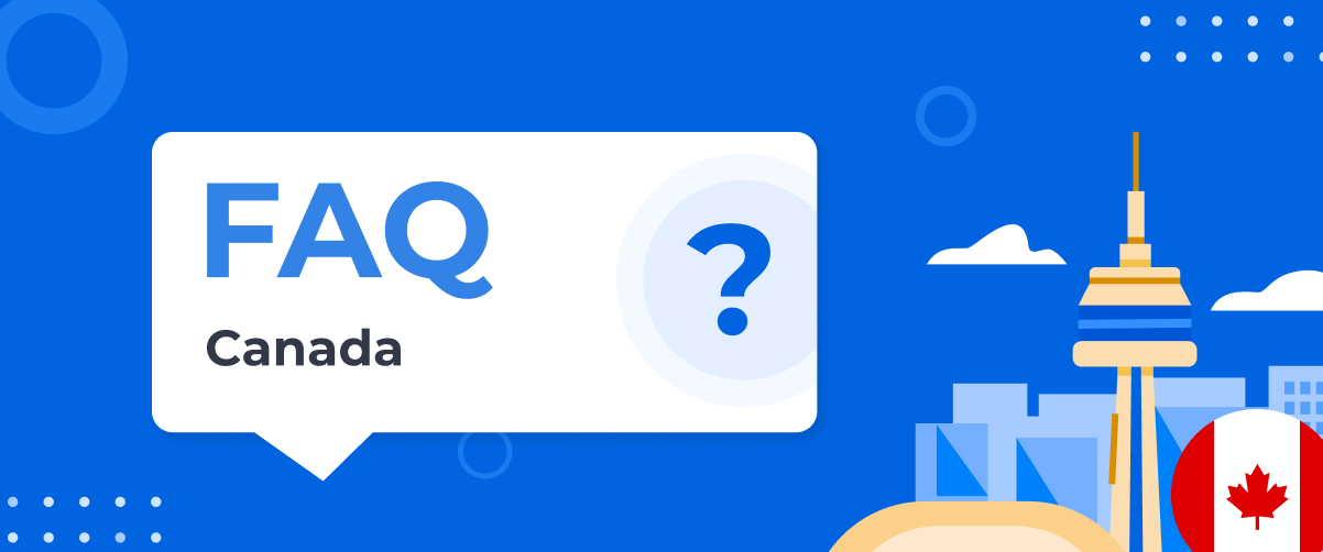 Banner with Toronto cityscape and Canadian flag icon, along with FAQ Canada and a question mark icon
