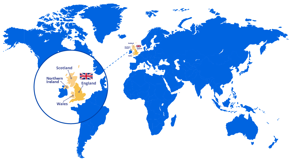 Image of a world map with the United Kingdom mangified.