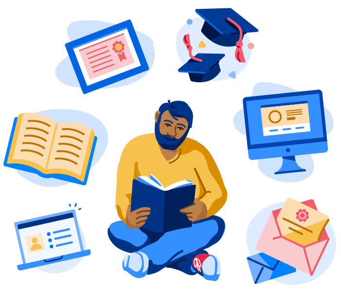 Man Sitting with School Items Around Him