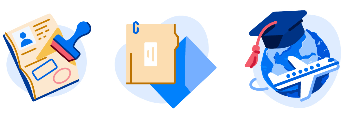 Image of a passport, documents, and a plane traveling around the globe