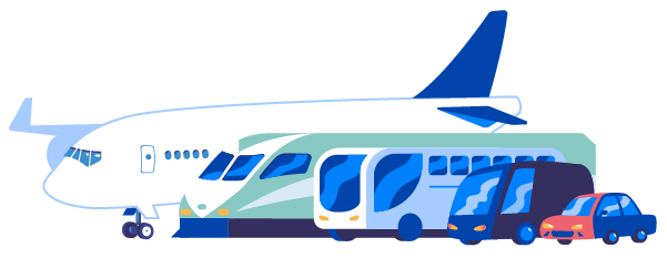 Image of a plane, train, bus, van, and car