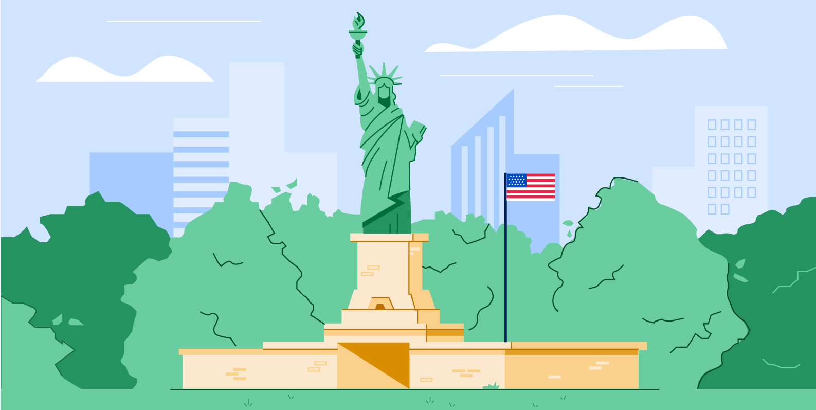 Image of the Statue of Liberty beside an American flag