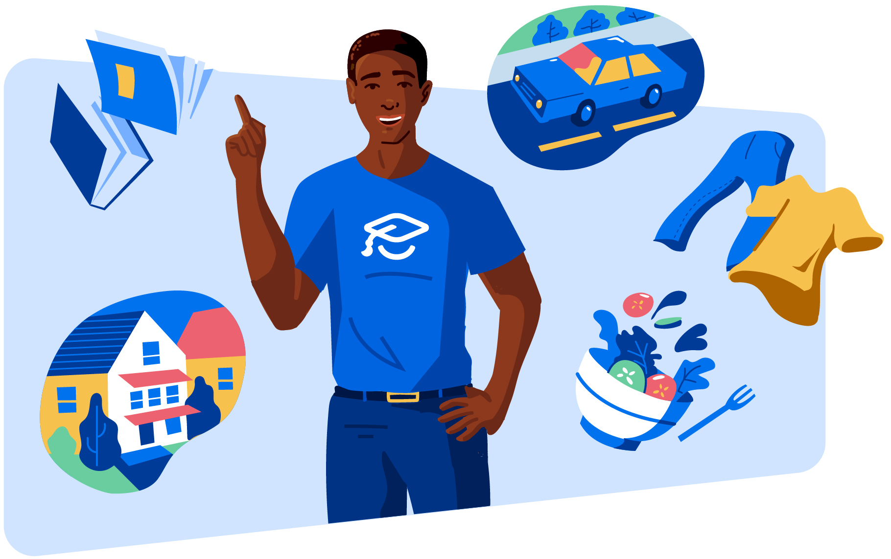 Man with ApplyBoard Shirt and Various Living Expenses Floating Around Him