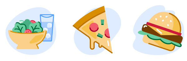 Image of a salad, pizza, and a hamburger