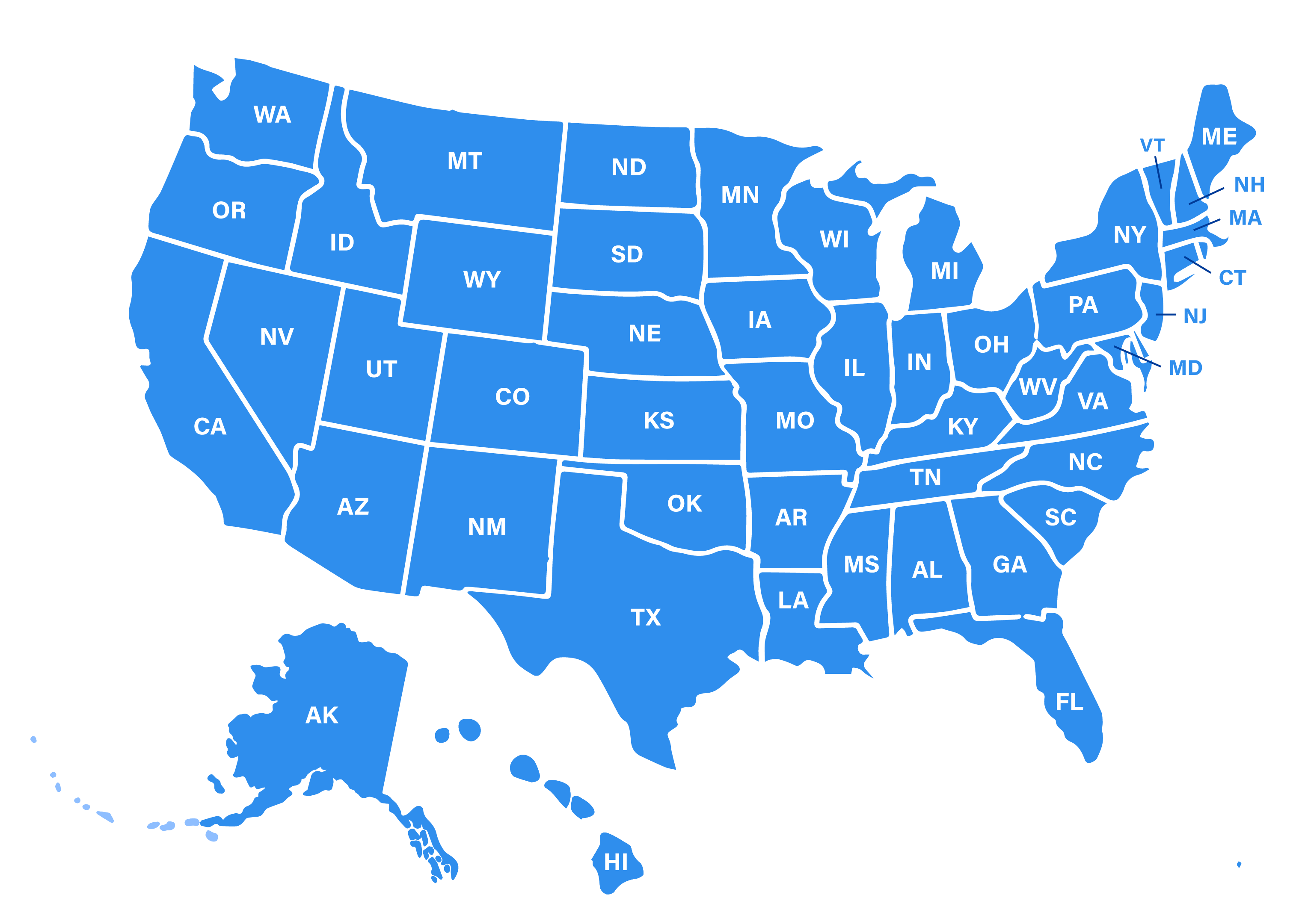 Image of the US Map with initials of the states