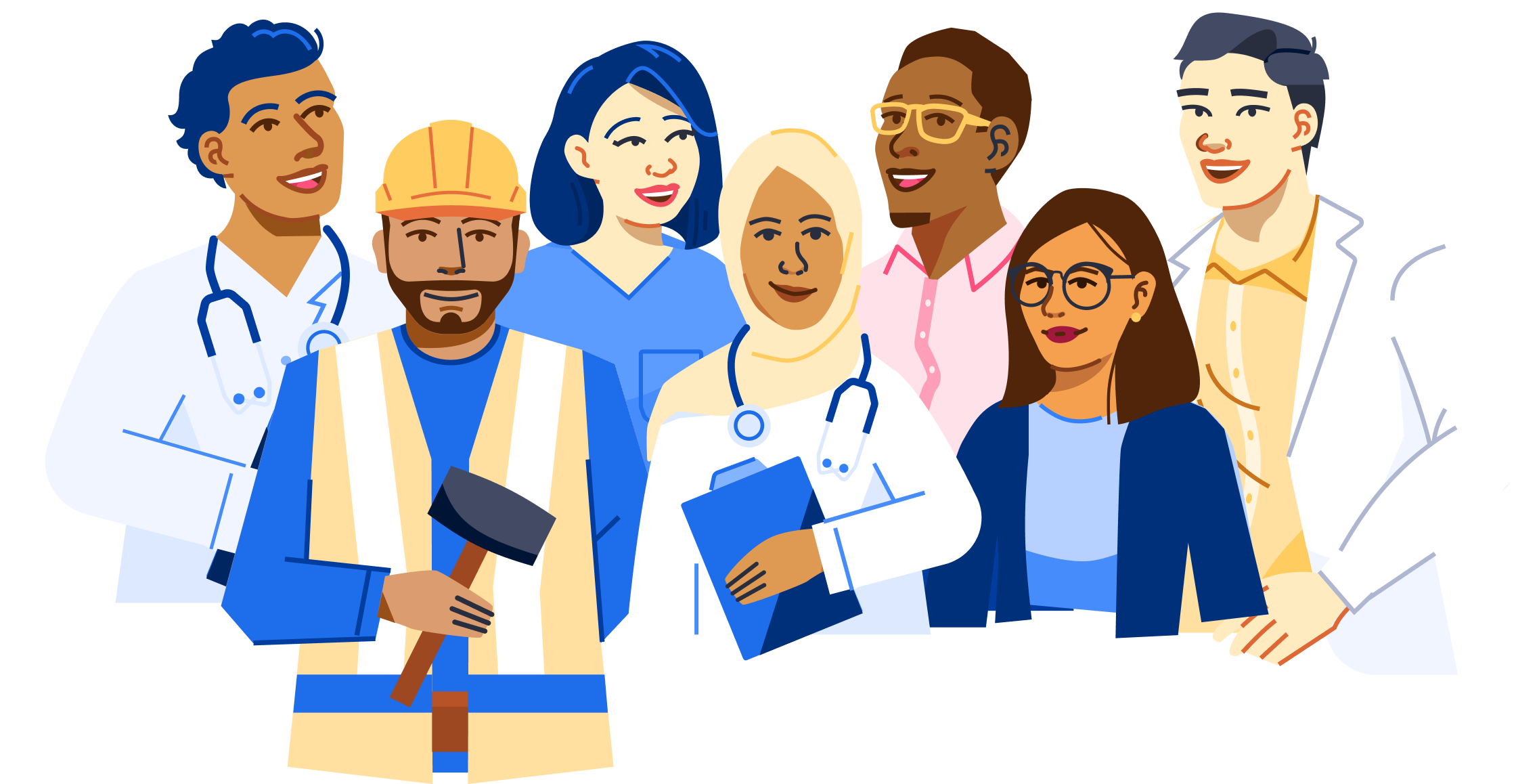 Group of individuals who are all wearing different work attire based on their occupation